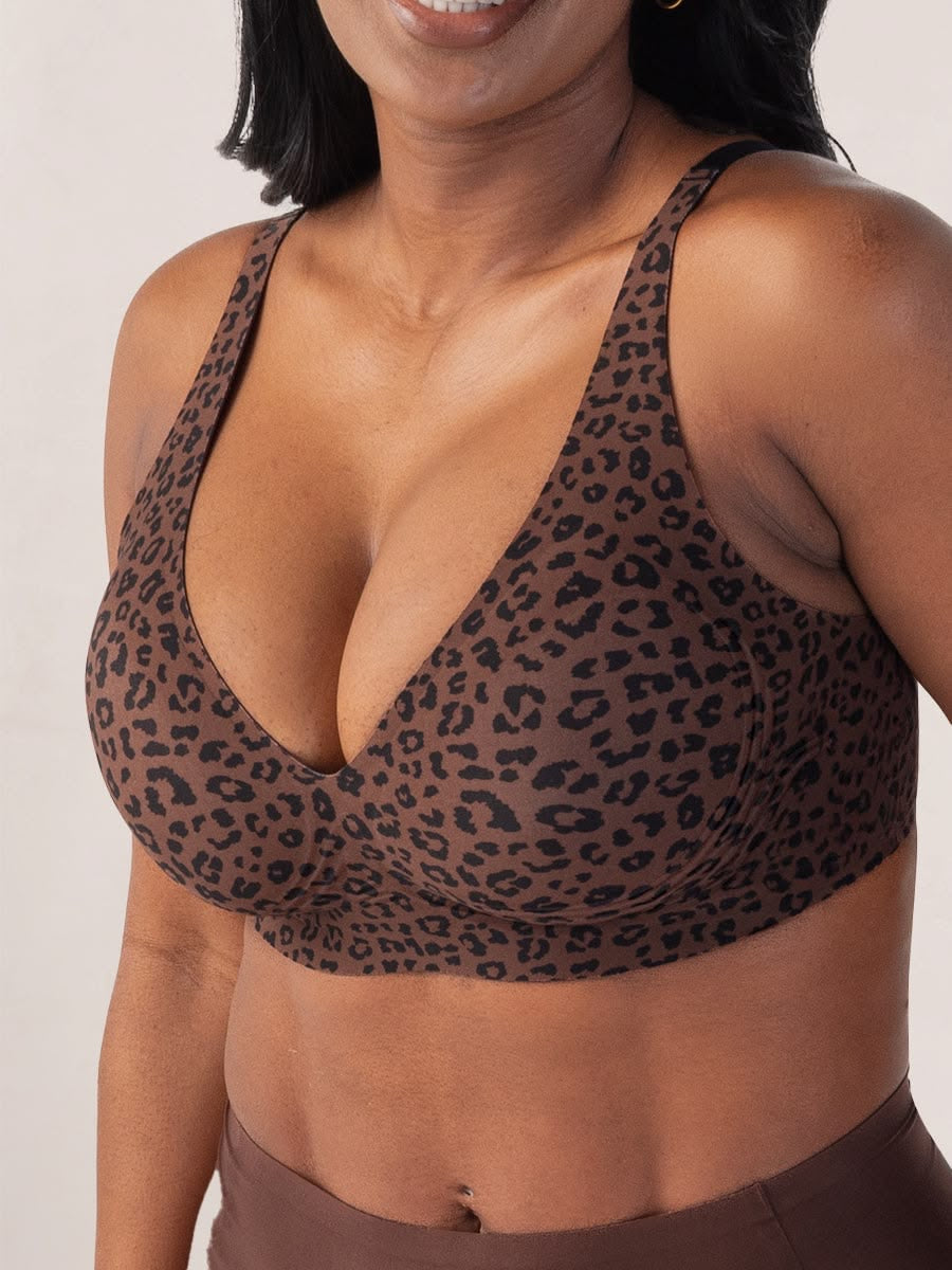Women's Seamless Pink Leopard Print Bra Wire-Free Bra Full Cup Soft Thin Mold Support Jelly Beauty Breathable Deep V Push Up Bra