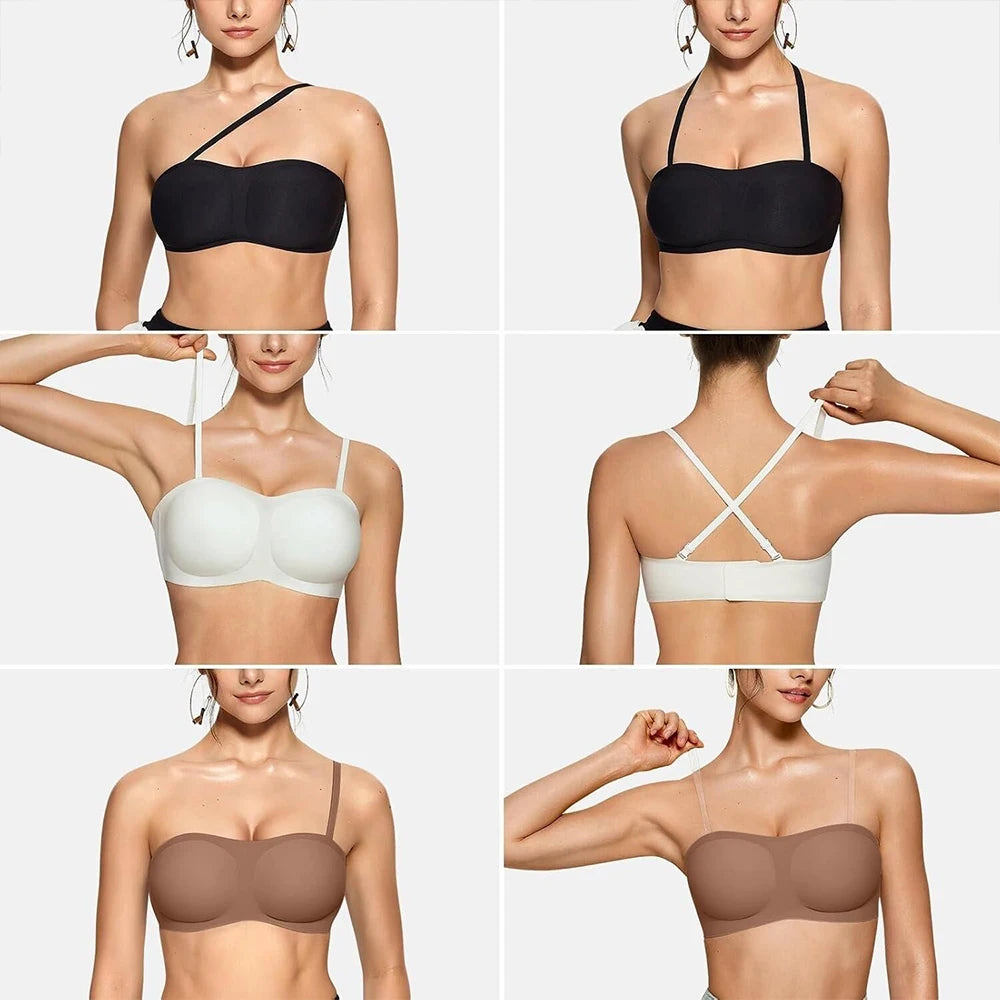 Women’s Strapless Jelly Push-Up Bandeau Bra – Wireless Non-Slip Seamless Bra