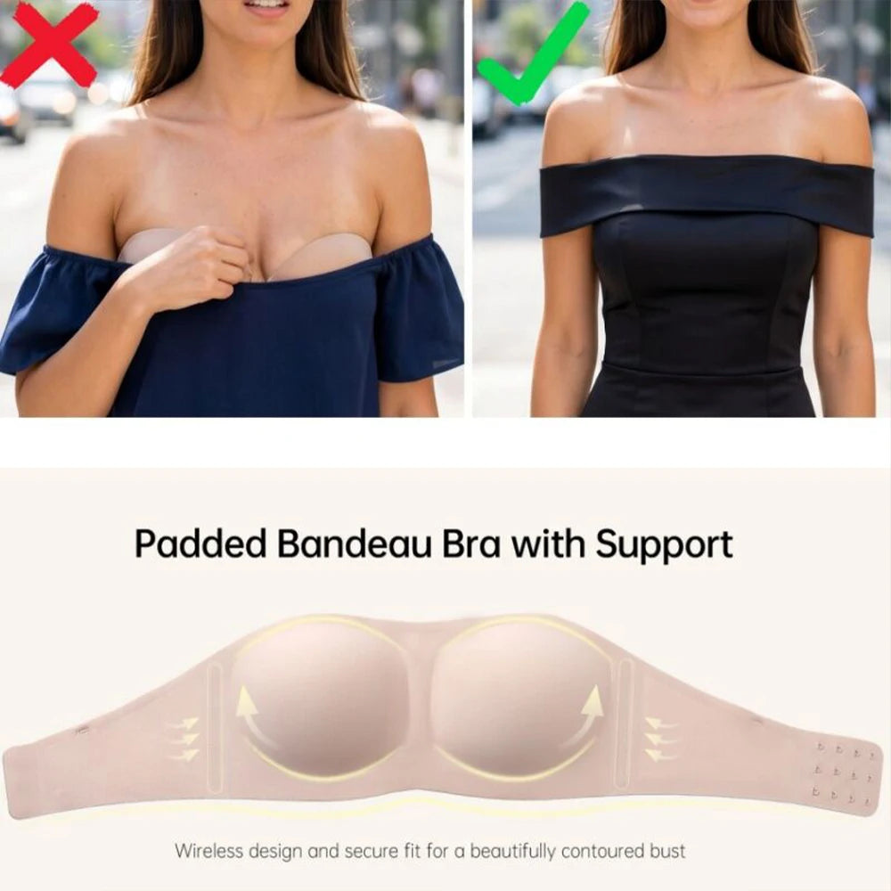 Women’s Strapless Jelly Push-Up Bandeau Bra – Wireless Non-Slip Seamless Bra