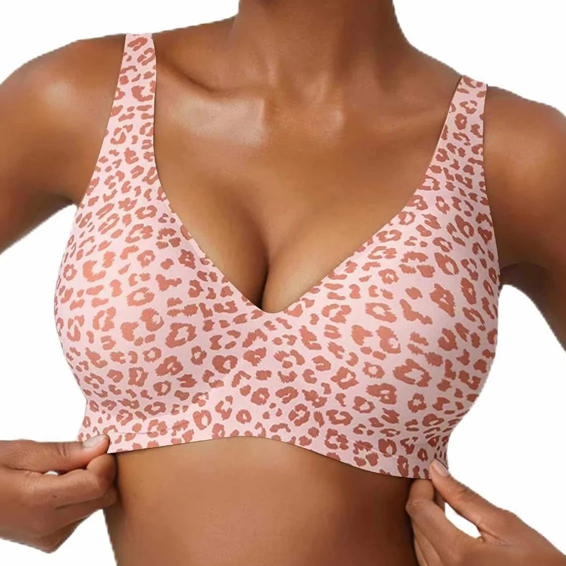 Women's Seamless Pink Leopard Print Bra Wire-Free Bra Full Cup Soft Thin Mold Support Jelly Beauty Breathable Deep V Push Up Bra