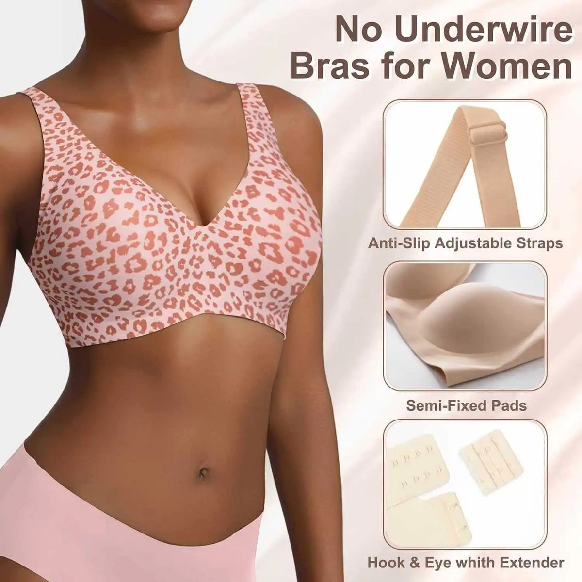 Women's Seamless Pink Leopard Print Bra Wire-Free Bra Full Cup Soft Thin Mold Support Jelly Beauty Breathable Deep V Push Up Bra