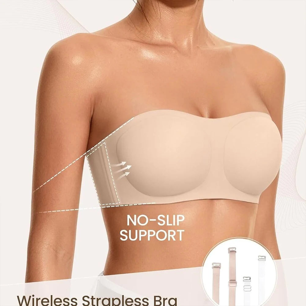 Women’s Strapless Jelly Push-Up Bandeau Bra – Wireless Non-Slip Seamless Bra
