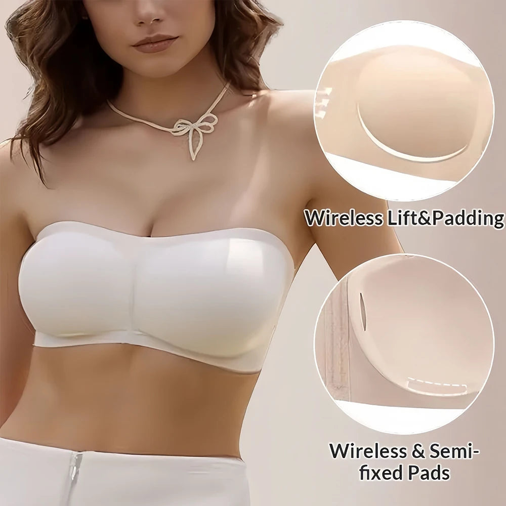 Women’s Strapless Jelly Push-Up Bandeau Bra – Wireless Non-Slip Seamless Bra