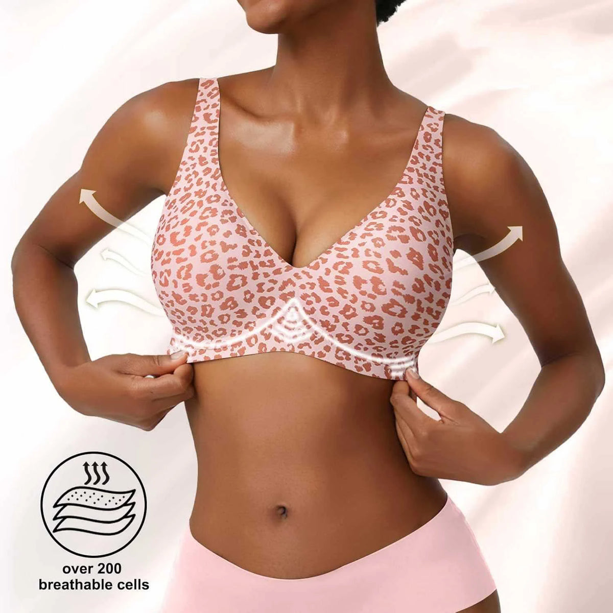 Women's Seamless Pink Leopard Print Bra Wire-Free Bra Full Cup Soft Thin Mold Support Jelly Beauty Breathable Deep V Push Up Bra