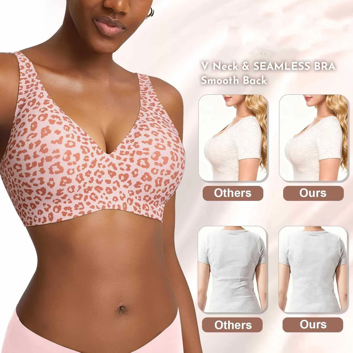 Women's Seamless Pink Leopard Print Bra Wire-Free Bra Full Cup Soft Thin Mold Support Jelly Beauty Breathable Deep V Push Up Bra