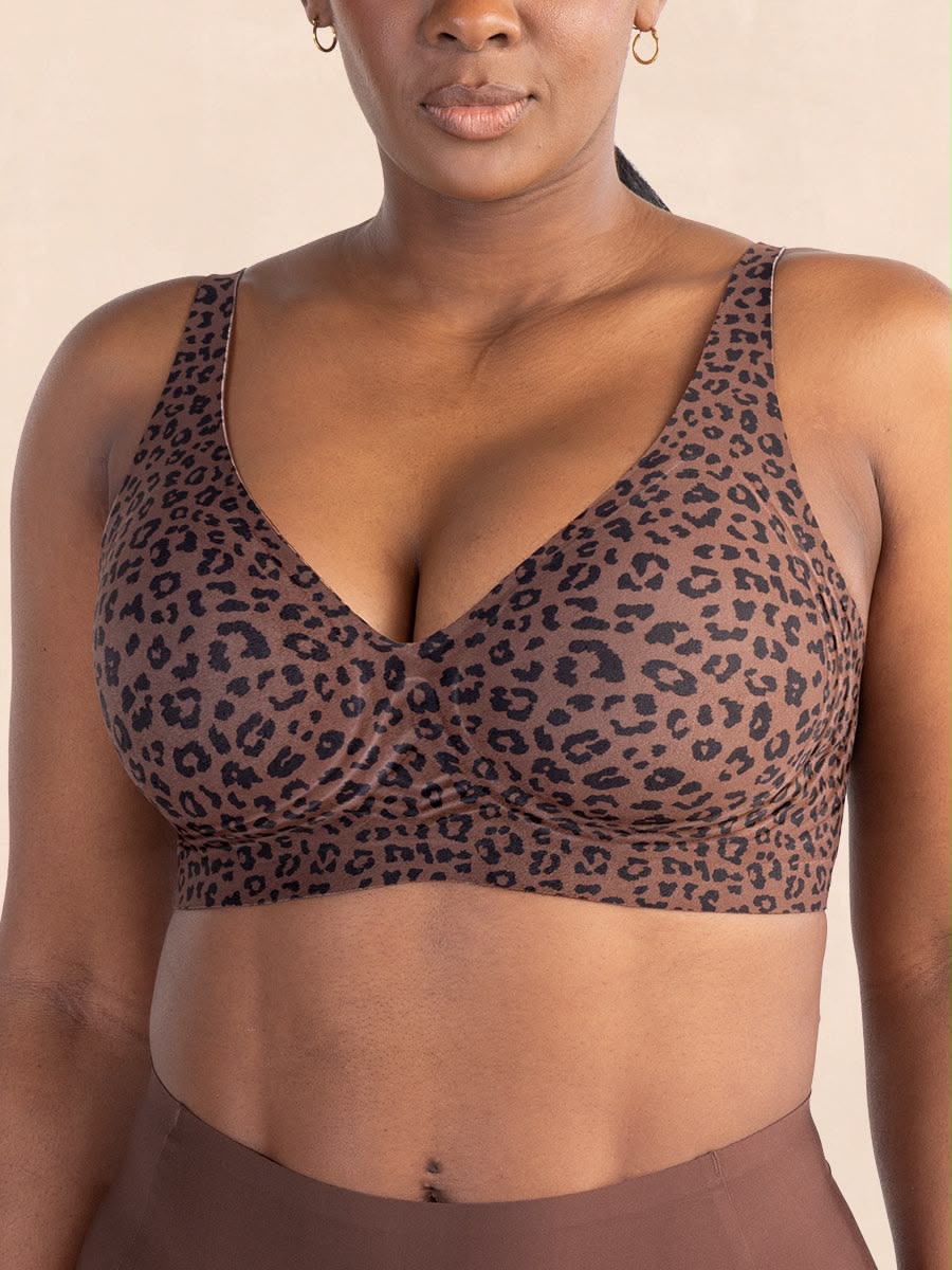 Women's Seamless Pink Leopard Print Bra Wire-Free Bra Full Cup Soft Thin Mold Support Jelly Beauty Breathable Deep V Push Up Bra